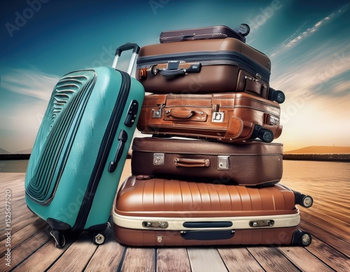 Colorful stacked suitcases on wooden dock by the waterfront at sunset ready for travel and adventure Generative AI
