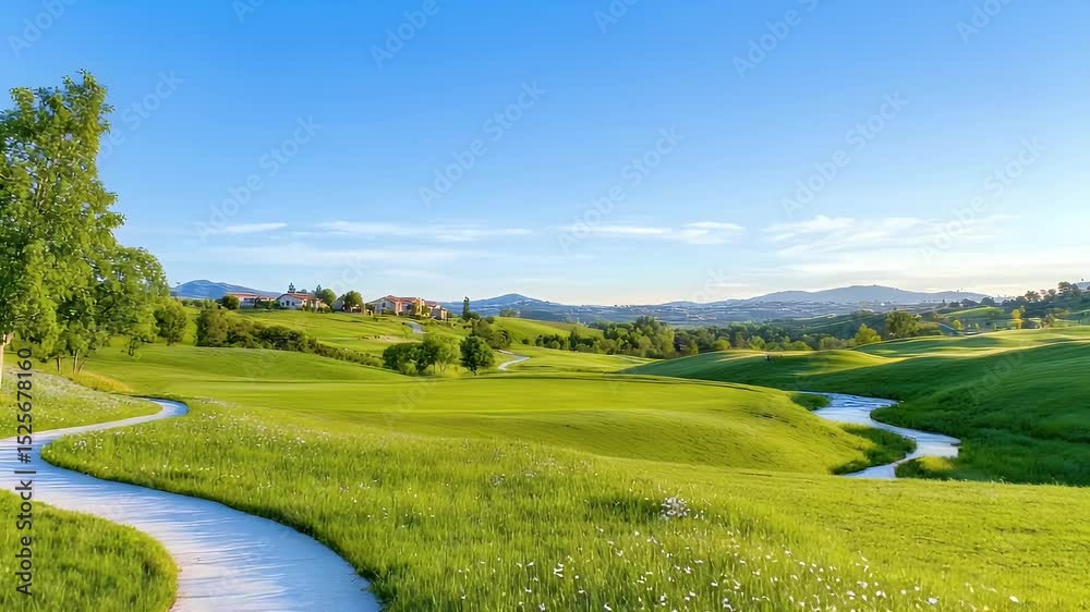 Golf course path through green landscape Golf course path through green landscape