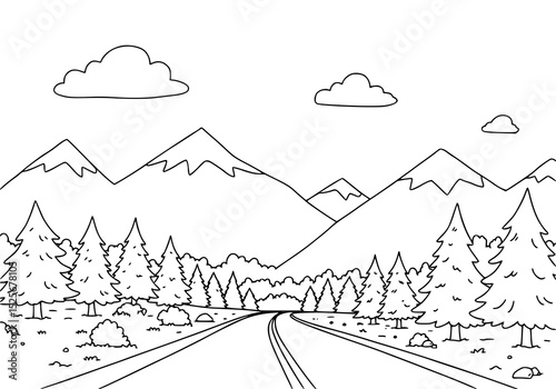 Montain view sun road and trees. drawing illustration. coloring pages
