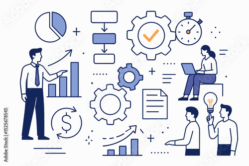 Corporate strategy for business process optimization. Workflow improvement, efficiency management, data analytics, and teamwork for productivity growth. Flat line vector concept.
