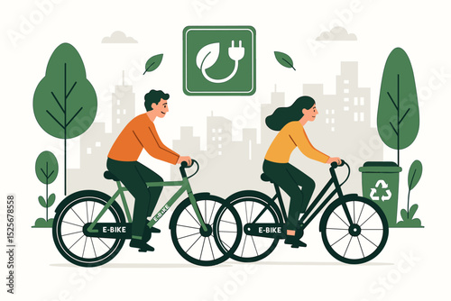 Couple riding electric bikes in city park. Eco-friendly urban commute with e-bikes, sustainable transport illustration. Green energy concept, man and woman cycling for healthy active lifestyle.