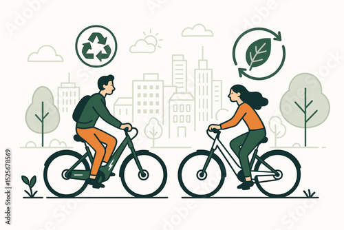 Electric bike urban commute. Man, woman on e-bikes in city park. Eco-friendly transport. Sustainable lifestyle concept. Green energy, active mobility, healthy living. Recycling, ecology symbols.