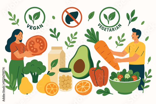 Vegan and vegetarian lifestyle concept vector illustration. People choosing plant-based diet with fresh organic vegetables, fruits, legumes. Healthy eating, nutrition, wellness, and no meat symbol.