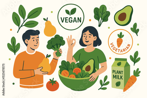 Vegan and vegetarian lifestyle concept with happy couple choosing plant-based diet. Fresh organic fruits, vegetables, salad, and plant milk for healthy eating and nutrition. Flat vector illustration.