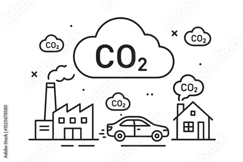 Carbon footprint concept illustration. CO2 emissions from industry, transport, and residential sources. Environmental pollution, climate change, global warming vector line art diagram.