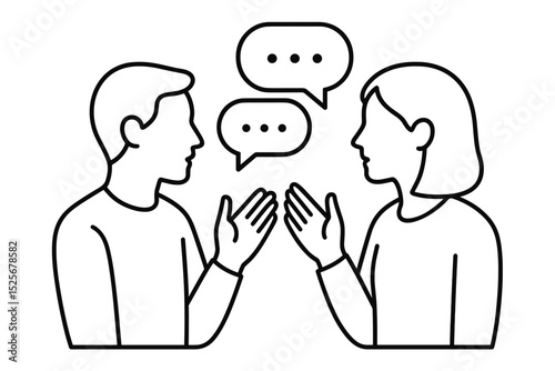 Two people talking line icon. Man and woman in dialogue with speech bubbles. Effective communication, interaction, discussion, conversation, and active listening vector concept.