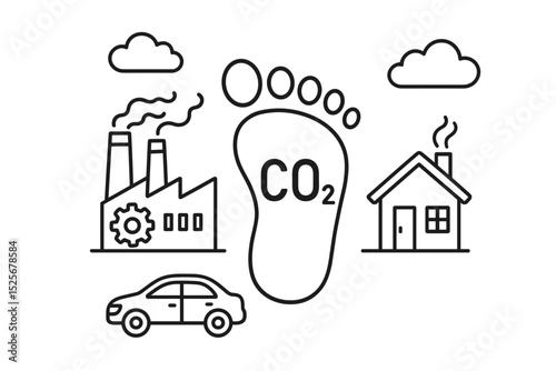 Carbon footprint CO2 emissions vector. Line art diagram illustrating environmental impact. Factory, car, house icons representing pollution sources. Climate change, ecology, sustainability concept.