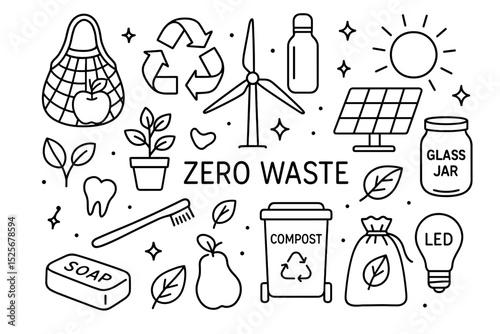 Zero Waste icons. Sustainable living. Eco lifestyle. Recycling, solar panel, wind turbine. Reusable bag, compost. Environment protection. Outline vector illustration doodle set.