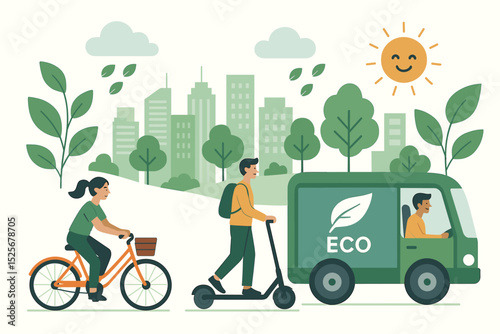 Eco friendly urban mobility concept with people using sustainable transport in a green city. Woman on bicycle, man on electric scooter, and driver in an EV delivery van vector.
