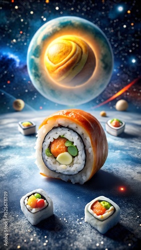 Sushi rolls float gently through a cosmic galaxy filled with stars and planets offering a surreal vertical image for food lovers laralara for creating ads news for text