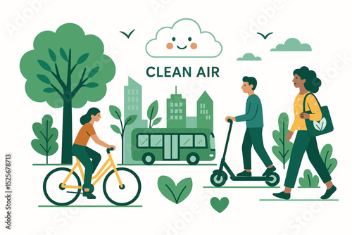 Green city concept with diverse people using eco-friendly urban transport: bicycle, electric scooter, bus. Promoting clean air, sustainable mobility, and healthy active lifestyle. Vector illustration.