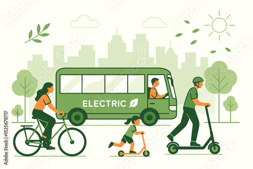 Eco-friendly urban mobility and green transport concept. Family riding electric scooter and bicycle. Sustainable city with electric bus. Clean energy and healthy lifestyle vector.