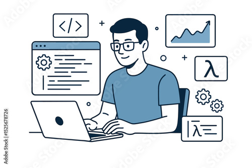 Software developer coding on computer. Male programmer character working on laptop with code, graph, lambda icon. Web development, data science, functional programming, IT concept.