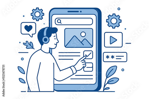 Man with headphones interacting with smartphone app. User experience and UI UX design concept. Digital browsing, online service, selecting options on screen. Mobile technology vector.