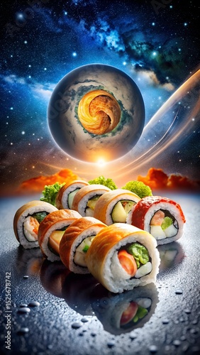 Spinning sushi in space surrounded by stars and planets creates a fun food-inspired galaxy for creative ads and mobile wallpapers laralara for creating ads news for text