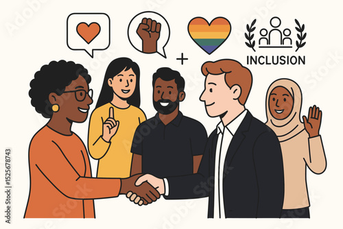 Inclusive workplace illustration with a diverse team. Concept of diversity, equity, inclusion, and belonging (DEI). Multicultural people, handshake, LGBTQ pride, and unity symbols.
