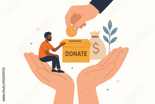 Charity and donation concept. Hand holding tiny man and donation box. Person gives money for helping poor people. Volunteer support, fundraising and social aid vector illustration.