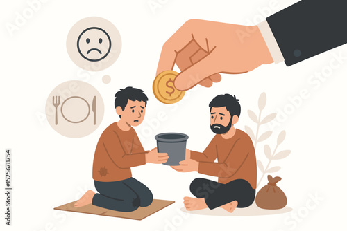 Charity and donation concept. Rich hand gives money to poor hungry beggars. Helping homeless people. Philanthropy and support illustration. Social issues, poverty awareness.