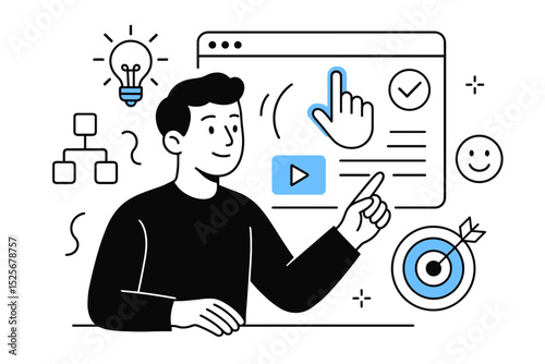 User experience and UI design concept. Man interacting with a website interface for business development. Digital marketing strategy, idea generation, workflow, and goal achievement.