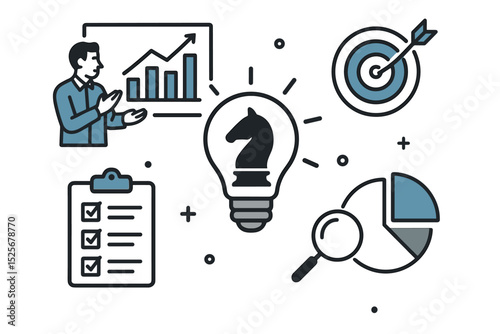 Business intelligence planning concept vector illustration with strategy ideas, data analysis, growth chart, target goal, checklist, magnifying glass, and chess knight light bulb icon