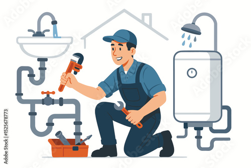 Plumber vector illustration. Professional handyman character in uniform fixing home water system. Man with tools repairing pipes, sink, and water heater. Plumbing service concept.