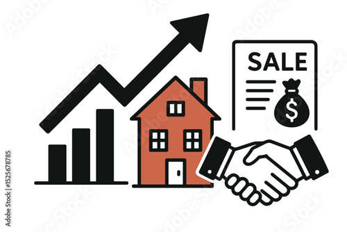 Vector illustration real estate business concept. Property sale and market growth chart. House icon with rising prices. Successful deal handshake. Residential mortgage contract.