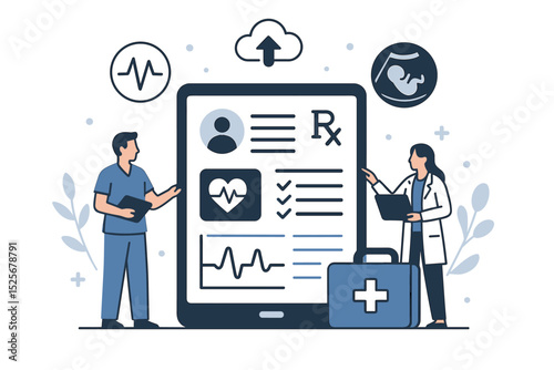 Digital health records concept with doctors analyzing patient data on a tablet. Electronic Medical Record (EMR), telemedicine, healthcare technology for online consultation and diagnosis.