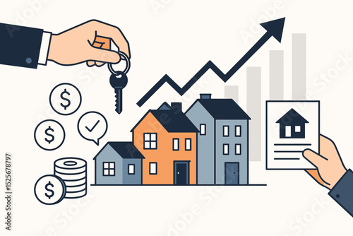 Residential property trading and investment. Real estate agent hand with key and buyer with contract. Housing market growth chart. Home mortgage, sale, and finance concept vector.