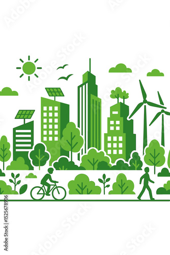 Green city concept. Eco-friendly urban landscape. Sustainable living. Renewable energy with solar panels, wind turbines. Ecology vector banner. Smart city with healthy lifestyle.