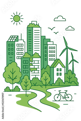 Green city concept with renewable energy sources. Sustainable urban landscape with wind turbines, solar panels, and bicycle path. Eco-friendly future city vector illustration.