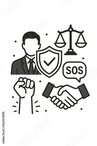 Workplace rights advocacy and labor law vector icons. Employee protection, legal support, and justice concept. Worker solidarity, union protest, fair agreement, and employment help.