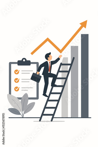 Businessman climbing ladder of success, a metaphor for corporate career growth and progress. Ambitious professional with briefcase on a growth chart with an upward arrow. Vector.