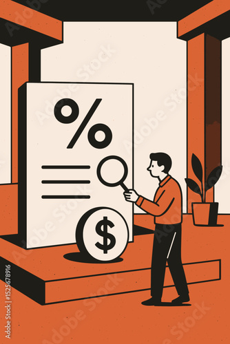Financial analysis concept with a businessman looking at interest rates. Man with a magnifying glass researches financial data, investment, and the economy. Retro vector illustration.