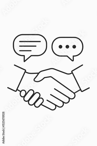 Handshake icon with speech bubbles representing communication and negotiation. Concept for business agreement, deal, partnership, collaboration, and successful teamwork. Line art vector.