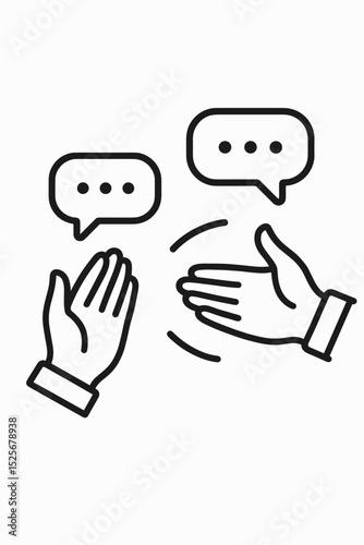 Hands interaction icon with speech bubbles. Line art vector illustration for communication, dialogue, discussion, and conversation. Symbol of teamwork, support, feedback, and help.