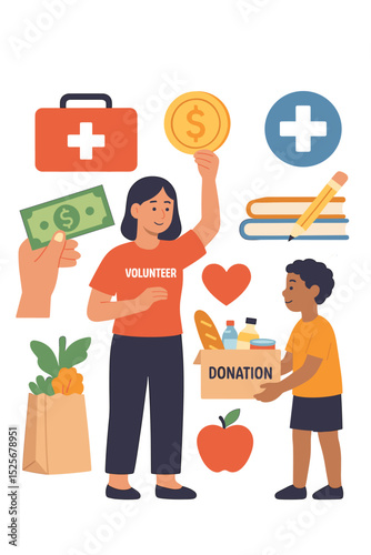 Social aid and charity vector elements set. Volunteer helping child with food donation box. Humanitarian support concept with money, medical care, education and community help icons.
