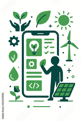 Green energy technology vector illustration. Concept of an eco friendly mobile app for sustainability and environmental conservation. User interface with solar panel and wind turbine.