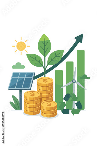 Green investment and sustainable finance concept. ESG principles for eco business. Renewable energy with solar panel, wind turbine. Economic growth chart, financial profit, money.