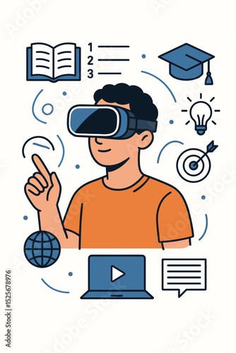 Virtual reality education technology concept. Student with VR headset learning online in metaverse. Man interacts with digital interface, laptop, graduation cap, book icons.
