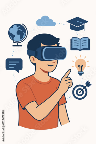 Young student wearing VR headset for online education and e-learning. Virtual reality technology in school concept. Metaverse classroom experience with globe, book, idea and goal icons.