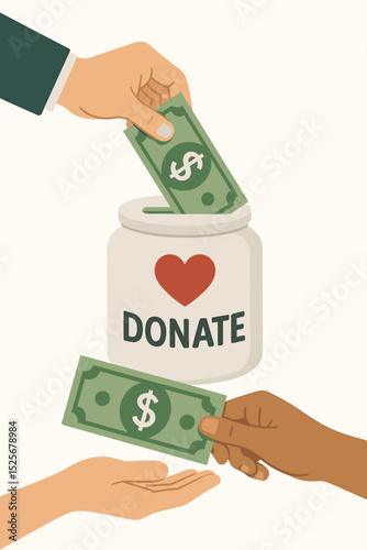 Donation and charity vector concept. Hands putting money into a donation box with a heart. Fundraising for a cause, philanthropy, community support, and social aid concept.