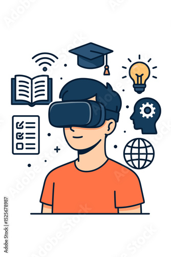 Virtual learning experience and e-learning concept. Student with VR headset for online education in the metaverse. Futuristic immersive technology for school, university and training.