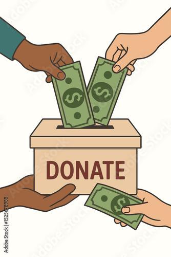 Diverse hands putting money in a donation box concept. Charity, giving, and fundraising. Vector illustration for community support, philanthropy, and financial aid contribution.