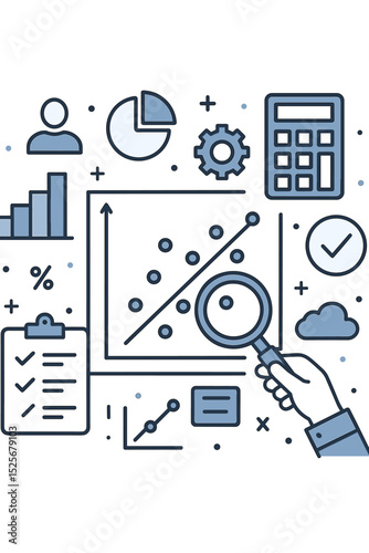 Data analysis line illustration. Bivariate correlation and statistics research concept. Hand with magnifier over scatter plot graph. Business intelligence and finance report icons.
