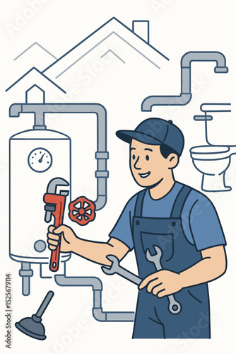 Residential plumbing services concept. Plumber character fixing a water heater with a wrench. Home repair and maintenance vector illustration. Handyman at work with tools and pipes.