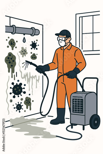 Professional mold remediation service vector. Worker in protective suit cleaning damp wall after water damage. Sanitation, disinfection, and moisture control with dehumidifier.