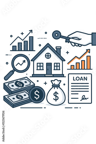 Real estate investment and housing market analysis concept. Buying a house, mortgage loan agreement, and financial growth chart. Property value, money savings, and key to home ownership.