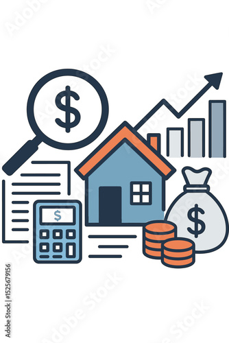 Real estate investment and housing market analysis concept. Property valuation, mortgage loan calculation, home appraisal, and finance. Financial growth chart showing rising prices.