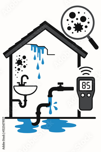 Water damage alert concept for home insurance and property care. House illustration with leaking pipe, flood, and ceiling drip. Magnifier shows mold growth. Smart humidity sensor.
