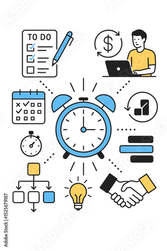 Business productivity and time management concept vector. Workflow optimization, project planning, strategy, and task organization icons like clock, calendar, to-do list, and handshake.